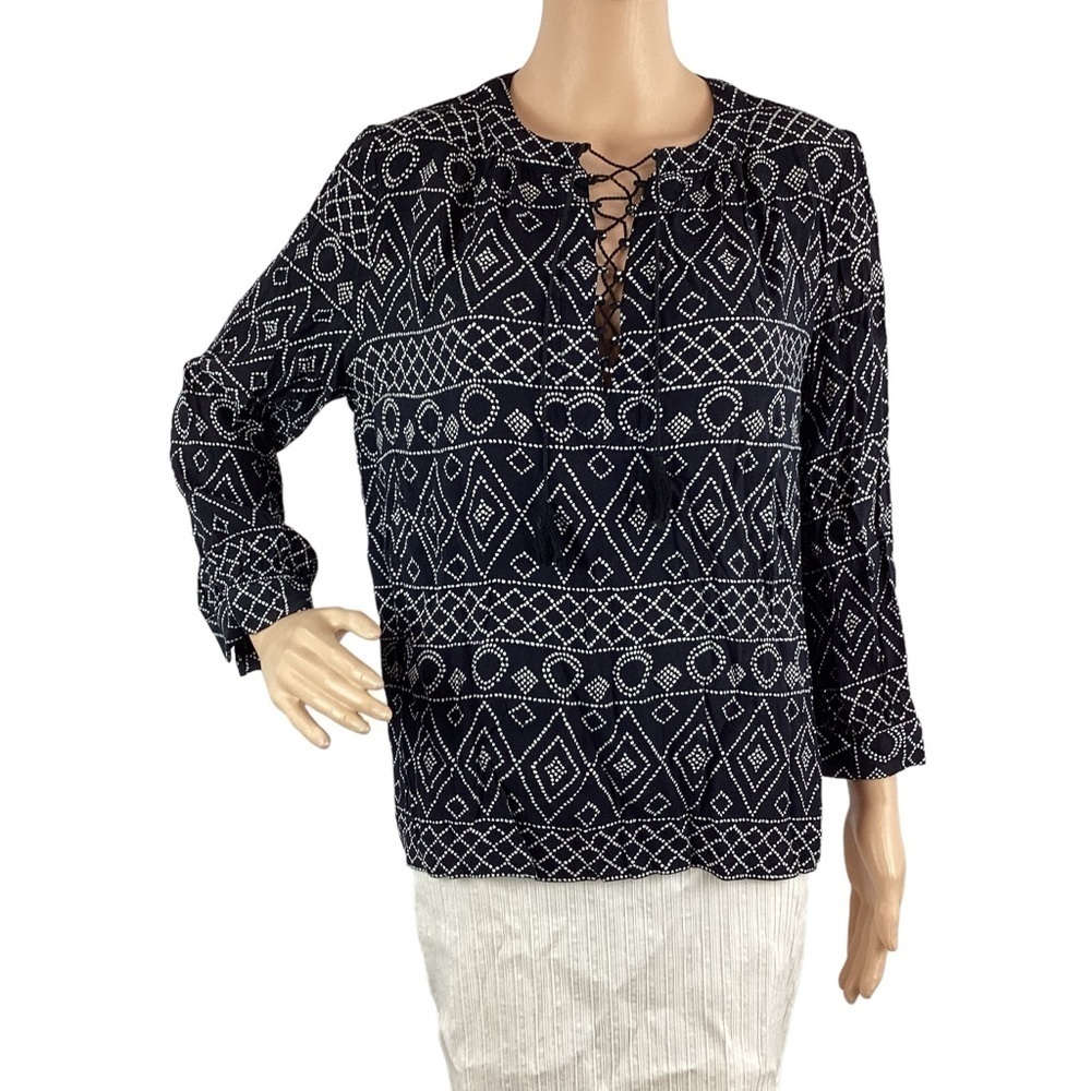 Madewell Lace-Up Peasant Top in Caravan Print Size S Black